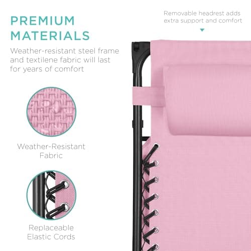 Best Choice Products Folding Zero Gravity Outdoor Recliner Patio Lounge Chair w/Adjustable Canopy Shade, Headrest, Side Accessory Tray, Textilene Mesh - Bubblegum Pink