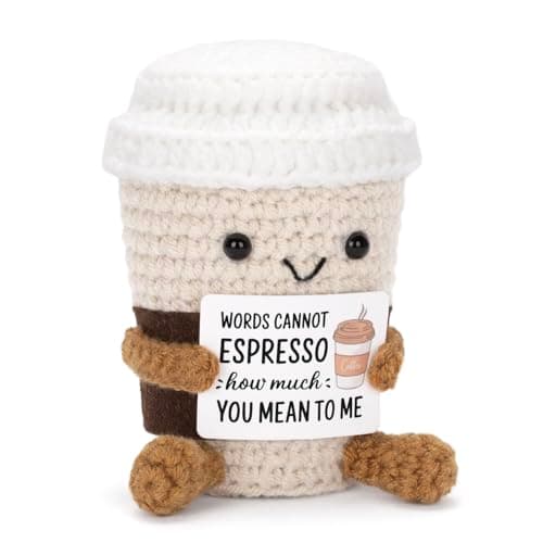 Funny Positive Coffee, Emotional Crochet Doll, Cute Crochet Potato Partner Toy with Positive Card Cheer Up Funny Gag Gifts for Best Friend Birthday Women Teacher Fall（Coffee B0DW8XPF2P