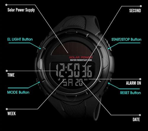 Gosasa Men's Outdoor Sports Multifunction Solar Power LED Digital Watches 50M Water Resistant