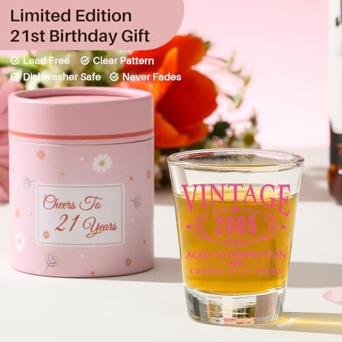 21st Birthday Gifts for Her - Limited Edition Shot Glass - Vintage 2004 Cheers To 21 Years, Finally 21 Party Decorations Supplies - Turning 21 Bday Present for Girl Women Sister Daughter Friends