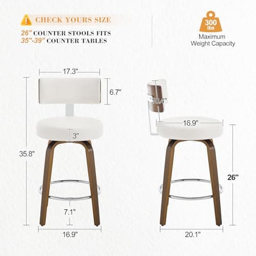 Bekrvio Swivel Counter Height Bar Stools Set of 3, Faux Leather Kitchen Stools Upholstered Barstools with Back, Walnut Wood Legs, Mid Century Island Chairs Counter Stools, 26" Seat Height, White
