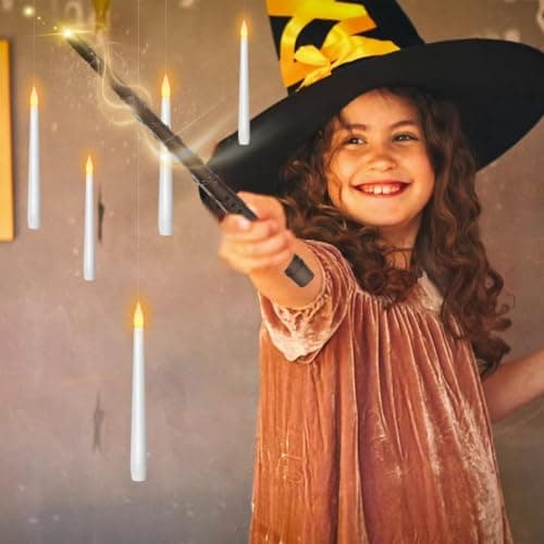 kakoya Flameless Floating Candles with Wand，20 Pcs Magic LED Hanging Taper Candles，Flickering Battery Operated Taper Candle with Wand Remote for Halloween Decorations Best Gift（White） B0C452J5HT