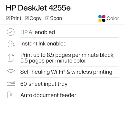 HP DeskJet 4255e Wireless All-in-One Color Inkjet Printer, Scanner, Copier, Best-for-home, 3 month Instant Ink trial included. This printer is only 2.4 ghz capable. AI-enabled (588S6A)