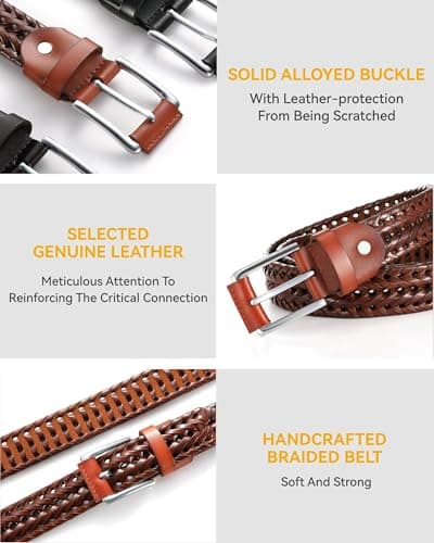 CHAOREN Mens Braided Leather Belt, Casual Woven Leather Belt for Men 35mm Width for Dress Jeans Golf