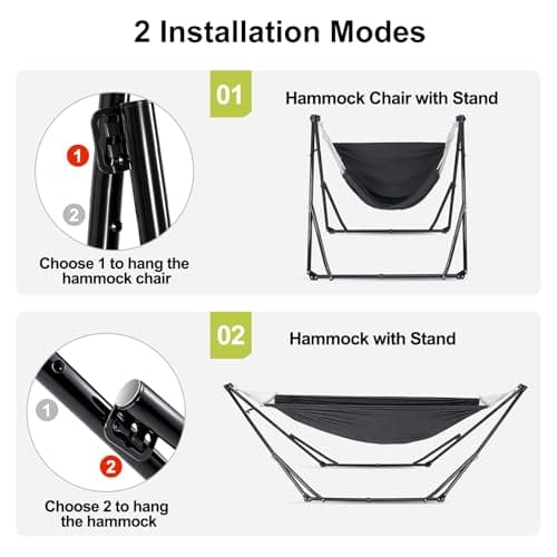 2-in-1 Hammock & Swing Chair for Teens – Adjustable Folding Chair with Collapsible Steel Stand, Portable for Camping, Travel, Patio & Indoor Use, Includes Carrying Case, Supports 440 LBS