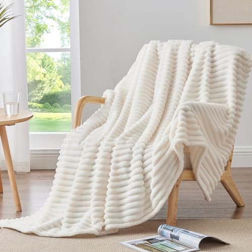 Ultra-Soft Plush Fleece, Cozy, Warm Yet Lightweight, Ribbed Texture, Home Decor, Machine Washable, Giftable, All-Season Use BEDELITE Ribbed Fleece Throw Blanket for Couch, Cream, 50"x60" B0CSFJR66V
