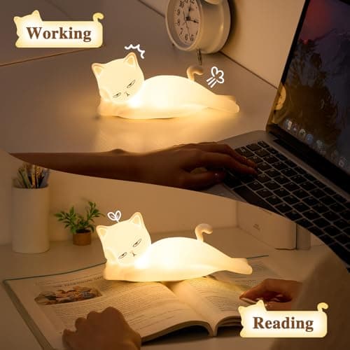 Lying Cat Lamp Funny Gifts, 16 Colors+5 Dimming+Silicone Random Stuff, Touch+Remote+Recharge Night Light, Unique Cool Lamp,Cute Weird Stuff, Squishy Cat White Elephant Gifts for Women/Men/Teens/Kids B0CH9K8NST