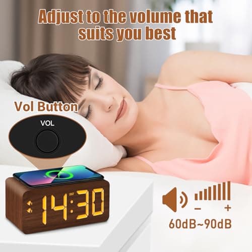 URAYCO Wood Digital Alarm Clock with 10W Fast Wireless Charger, USB Charging Ports, DST, Dimmable, Snooze, Large Number LED Display for Bedrooms, Desk, Living Room Table, Bedside, Nightstand (Brown)