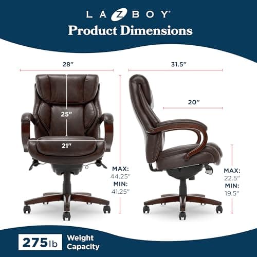 La-Z-Boy® Bellamy Executive Office Chair with Memory Foam Cushions, Real Wood Arms and Swivel Base, Waterfall Seat Edge, Faux Bonded Leather, Brown