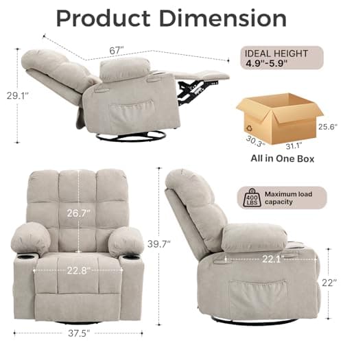 Quiet Massage Recliner Chair with Heat, 360 Swivel Rocker Glider for Nursing, Back Pain Relief, Manual Overstuffed Single Sofa with Cup Holders & Side Pockets, Oatmeal Gray