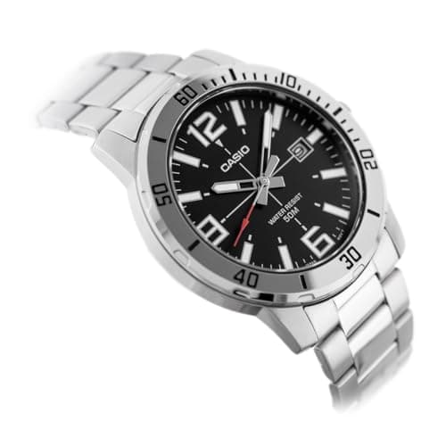 Casio MTP-VD01D-1BV Men's Enticer Stainless Steel Black Dial Casual Analog Sporty Watch, Silver, 48×42×10.7mm, Quartz Movement