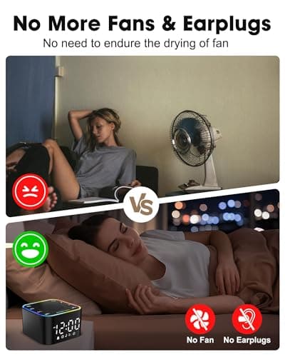 Alampan White Noise Sound Machine with Alarm Clock, 30 Soothing Sounds, Noise Machine for Sleeping, RGB Night Light, Digital Clock, Adults, for Bedside, Nightstand, Including Fan, Rain, Bird, Ocean