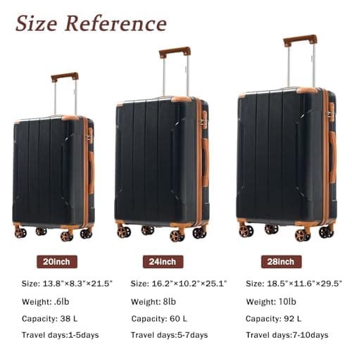 Merax Luggage Sets 3 Piece Hardshell 8 Spinner Wheels Lightweight Suitcase Corner Guards Travel Luggage (Black brown 20IN 24IN 28IN)