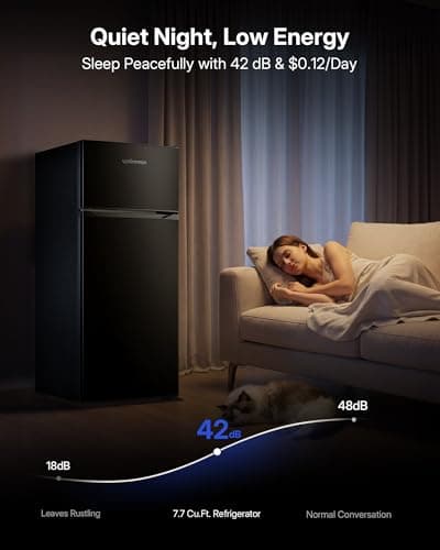Upstreman 7.7 Cu.Ft. Refrigerator with Freezer, Double Door Fridge, Adjustable Thermostat, Large Capacity, Reversible Door Swing, Refrigerator for Apartment, Office, Dorm, Black（BD75）