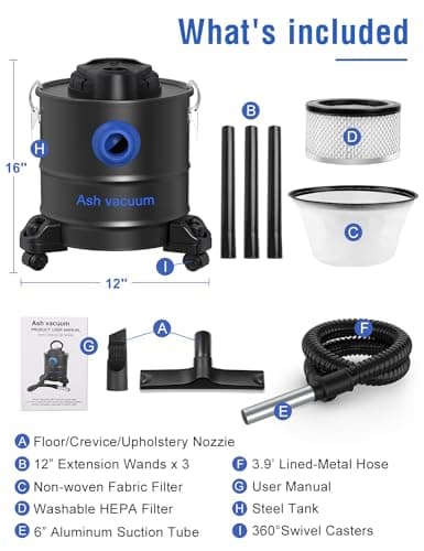 Oragerju Ash Vacuum, Pellet Stove Vacuum Cleaner, 5.3 Gallon, 20kPa, 1200W Powerful Motor with Blower Function, On Wheels and HEPA Filter, The Ash Vacuum for Pellet Stoves & Wood Stoves