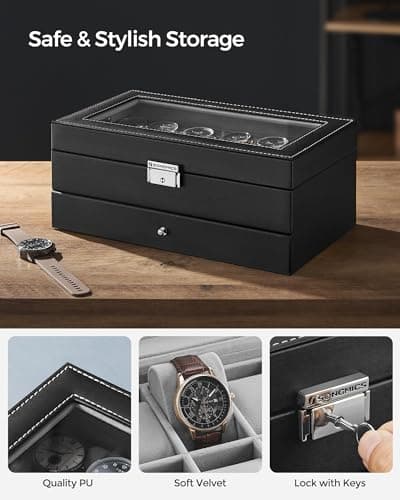 SONGMICS SONGMICS Watch Box, 12-Slot Watch Case Organizer with Large Glass Lid, 2 Layers, Removable Pillows, Metal Lock, Gift for Loved Ones, Black Synthetic Leather, Gray Lining UJWB012