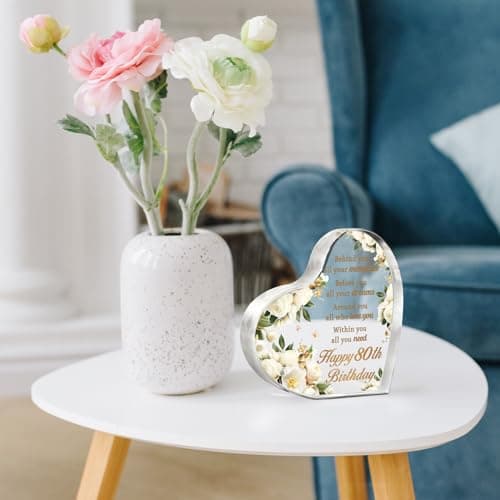 AceThrills 80th Birthday Gifts and Decorations for Women - Acrylic Paperweight 3.9 x 3.9 x 0.51 Inches - Happy Birthday Decor Party Favors