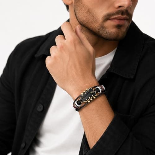 Retro Guitar Leather Bracelet for Man Women Unique Bead Braided Handmade Ethnic Tribal Cuff Multi-Layer Cords Wrap Music Shape Punk Rock Jewelry Gifts Wristband B0DXQF42VT