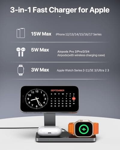 UEQ Foldable 3 in 1 Wireless Charging Station for Apple Magsafe Charger Stand,Fast Magnetic Wireless Charger Station for iPhone 17 Air 16 15 14 13 12 Series,Airpods Pro,Apple Watch Ultra (Pure Black)