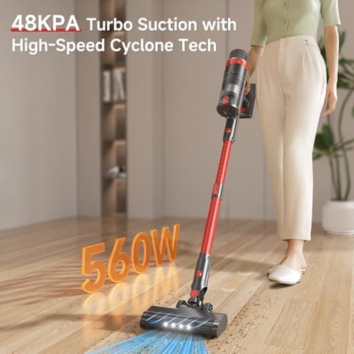Cordless Vacuum Cleaner, 560W/48KPa/70Mins Vacuum Cleaners for Home,Self-Standing Stick Vacuum with Smart Touch Screen,Rechargeable Lightweight Vacuum for Pet Hair,Carpets, Hard Floors