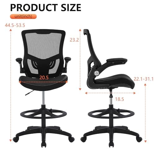 BestOffice Drafting Chair Ergonomic Tall Office Chair Standing Desk Chair with Flip Up Arms Foot Rest Back Support Adjustable Height Mesh Drafting Stool, Dark Black
