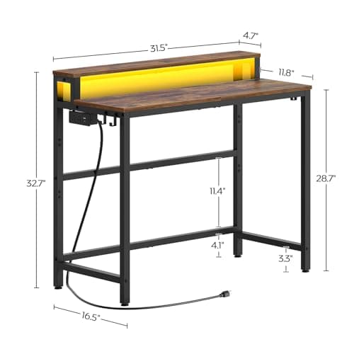 YATINEY Small Computer Desk with Charging Station and LED Lights, Gaming Desk with Monitor Stand, 2-Tier Home Office Desk with 4 Side Hooks, for Living Room, Home Office, Rustic Brown DN01UDBRY2
