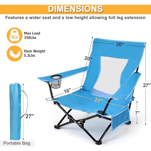 Joyfair Beach Camping Chair (2 Pack), Outdoor Folding Lawn Chair for Adult, Heavy Duty Portable Chair with Armrest for Outside Fishing, Sport, Cup Holder & Storage Pocket, Carry Bag (Blue, Classic)