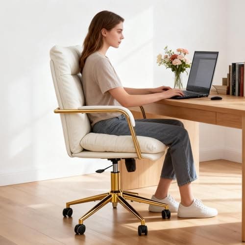Leather Home Office Desk Chair, Executive Comfy Desk Chair with Support Armrests, Swivel Wheels, Height Adjustable, Mid Back, 360 Swivel, Computer Chair for Office Room, White