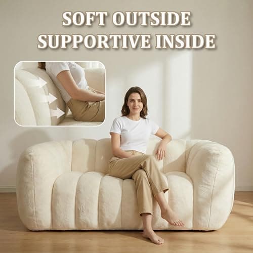 Oversized Bean Bag Sofa for Adults, Comfy Faux Fur Floor Lounger Loveseat Couch with Shredded Foam Filling, Large Bean Bag Sofa Plush Bean Bag Couch for Living Room, Bedroom, Apartment, Beige