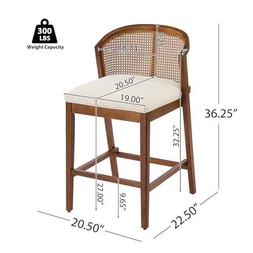Christopher Knight Home JENA Rattan Counter Stools Set of 2, Counter Height Bar Stools for Bar Table, Rubberwood Frame with Upholstered Barstools, Wood Accent Chair with Footrest, Beige + Walnut