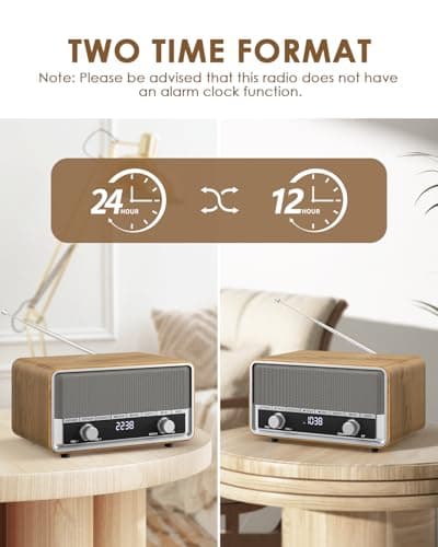 Vintage Wood AM FM Bluetooth Radio with Clock, Digital Clock Radio for Bedroom with LCD Display | 40 Presets | Sleep Timer | No Alarm, Retro Bluetooth Speaker for Office, Kitchen (Wood)