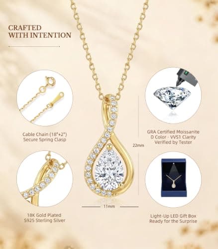 S925 Sterling Silver 18k Gold Plated Infinity Jewelry Gifts for Women Wife Her Girlfriend with Card in Light-Up Gift Box 2CT Moissanite Necklace Anniversary Birthday Gifts for Women Wife Her B0GTY9JBFT
