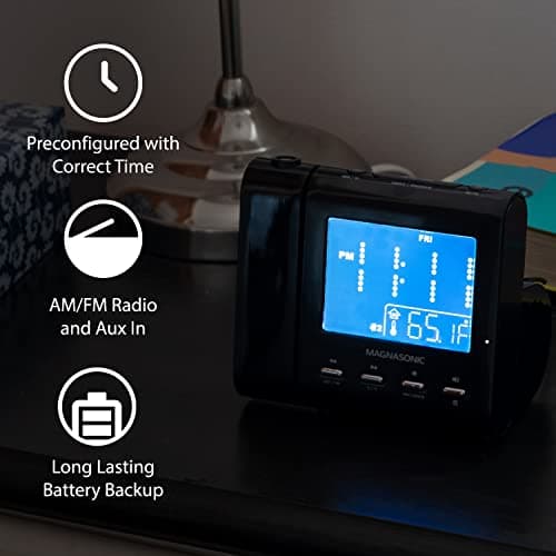 Magnasonic Projection Alarm Clock with AM/FM Radio, Battery Backup, Auto Time Set, Dual Alarm, Nap/Sleep Timer, Indoor Temperature/Date Display with Dimming & 3.5mm Audio Input - Black (EAAC601)
