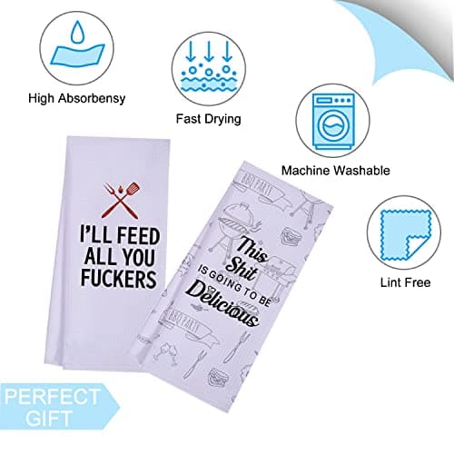 LXOMILL Funny Kitchen Towels for Men, Women, BBQ Grilling Cooking Dish Towels, Funny Birthday Gifts for Husband, Dad, Boyfriend, Friend, Hilarious Gag Gift for Chefs