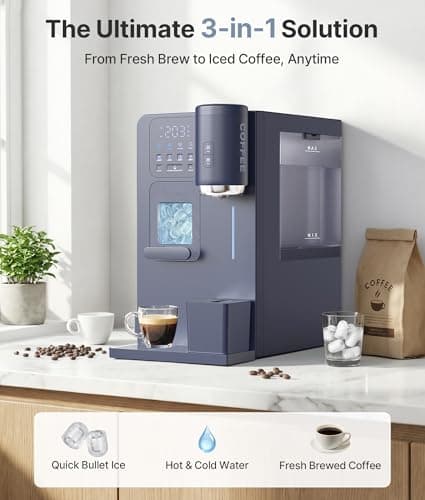 3-in-1 Water Dispenser with Ice Maker – Compact Coffee Brewer, K-Cup® Pod Compatible, Hot/Cold/Warm Water, Adjustable Water Volume, Bullet Ice Ready in 8–12 Minutes, for Home & Office