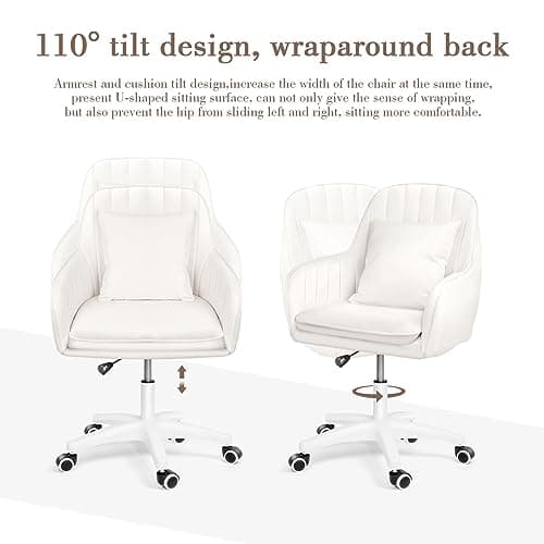 Mid Back Velvet Vanity Chair Swivel Rolling Desk Chair with Wheels, Modern Upholstered Makeup Chair for Women Girls, Computer Task Chair for Bedroom Living Room Office, White
