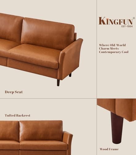 Kingfun Faux Leather 3 Seat Couch for Living Room, Mid Century Modern Sofa with Rolled Arms and Deep Seats, Fluffy Comfort for Apartment, Easy to Assemble, Chestnut