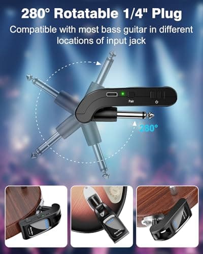 Wireless Guitar System 2.4 GHz with 6 Channels Rechargeable Audio Wireless Guitar Transmitter Receiver for Bass Electric Instruments
