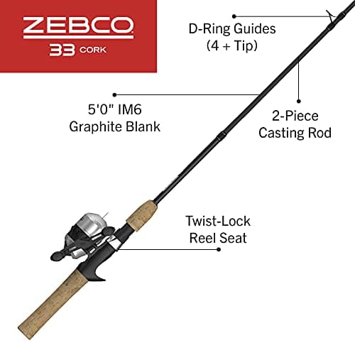 Zebco 33 Cork Reel and Fishing Rod Combo, Graphite Rod with Cork Handle, QuickSet Anti-Reverse Fishing Reel with Bite Alert, Black