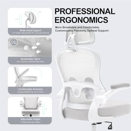 Ergonomic Office Chair,Ultra Thick Office Desk Chair with Adjustable Lumbar Support and Headrest,Spring Cushion,Rocking Function,Flip-up arms,Mesh Computer Chair for Home Office,Grey