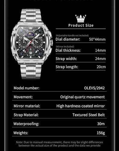 OLEVS Watches for Men Analog Quartz Luxury Diamond Waterproof Chronograph Stainless Steel Big Face Square Date Moon Phase Roman Numeral Dress Watch for Men