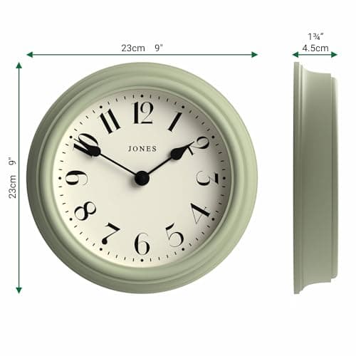 JONES CLOCKS® Frieze Wall Clock | Small Elegant Classic Round Clock | 23cm | Sage Green | Pretty Design Ideal for The Kitchen, Living Room, Bedroom, Large or Small Spaces
