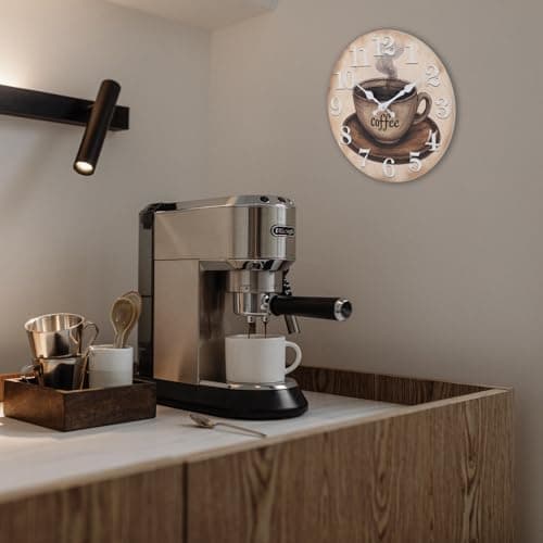 Keepcross Kitchen Wall Clock Coffee Cup Theme Rustic Modern Farmhouse Decor Glass Clock for Kitchen, Coffee Bar, Cafe - 8 Inch, Brown