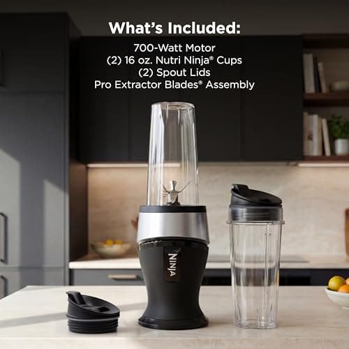700-watt base blends smoothies, shakes & frozen drinks. (2) 16-oz to-go cups w/ spout lids. Dishwasher safe. Ninja Fit Compact Personal Blender, 700W, (2) 16oz Cups, QB3001SS B01FHOWYA2