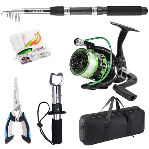 Tripquips Fishing Rod, 6.9ft Telescopic Fishing Rod and Reel Combo with Fishing Pliers and Lip Gripper Fishing Equipment, 5.2:1 Pre-Loaded Spinning Reel Combo Set Fishing Pole