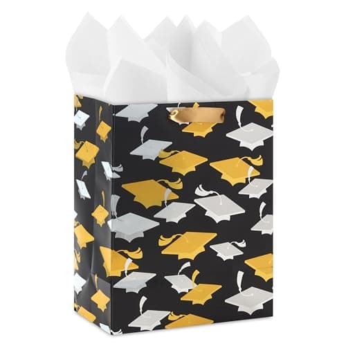Hallmark 9" Medium Graduation Gift Bag with Tissue Paper (Gold and Silver Mortarboards on Black) for College, High School, 8th Grade, Kindergarten, Nurses