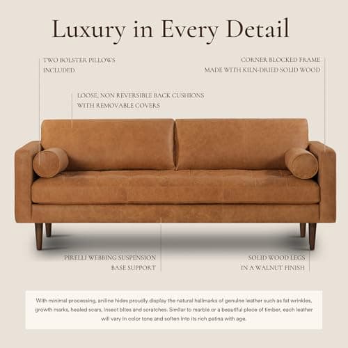 POLY & BARK Napa 88.5" Leather Sofa – Full-Grain Italian-Tanned Aniline Leather, Feather-Down Comfort, Solid Wood Frame, Walnut Legs, Cognac Tan
