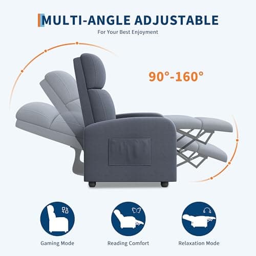 GarveeHome Linen Fabric Manual Recliner Chair, with Side Pocket, High Backrest, Thick Cushion, Adjustable Push Back Recliner,Cozy Lounge Chair for Living Room, Home Theater, Bedroom, Dark Gray
