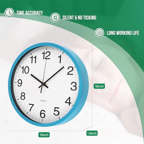 Wall Clock Non-Ticking Silent Quartz Movement Decor Clock Modern Simple Style Round Plastic Wall Clocks for Home/Office/School/Living Room/Bedroom/Kitchen (Blue, 12 Inch)