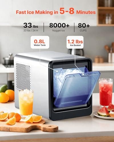 VEVOR Countertop Ice Maker, 33 lbs per Day, Self-Cleaning Portable Machine with Scoop, Drawer-Style Ice Access, Nugget Ice-Making Machine with Chewable ICES for Home, Kitchen, Office, Bar & Party